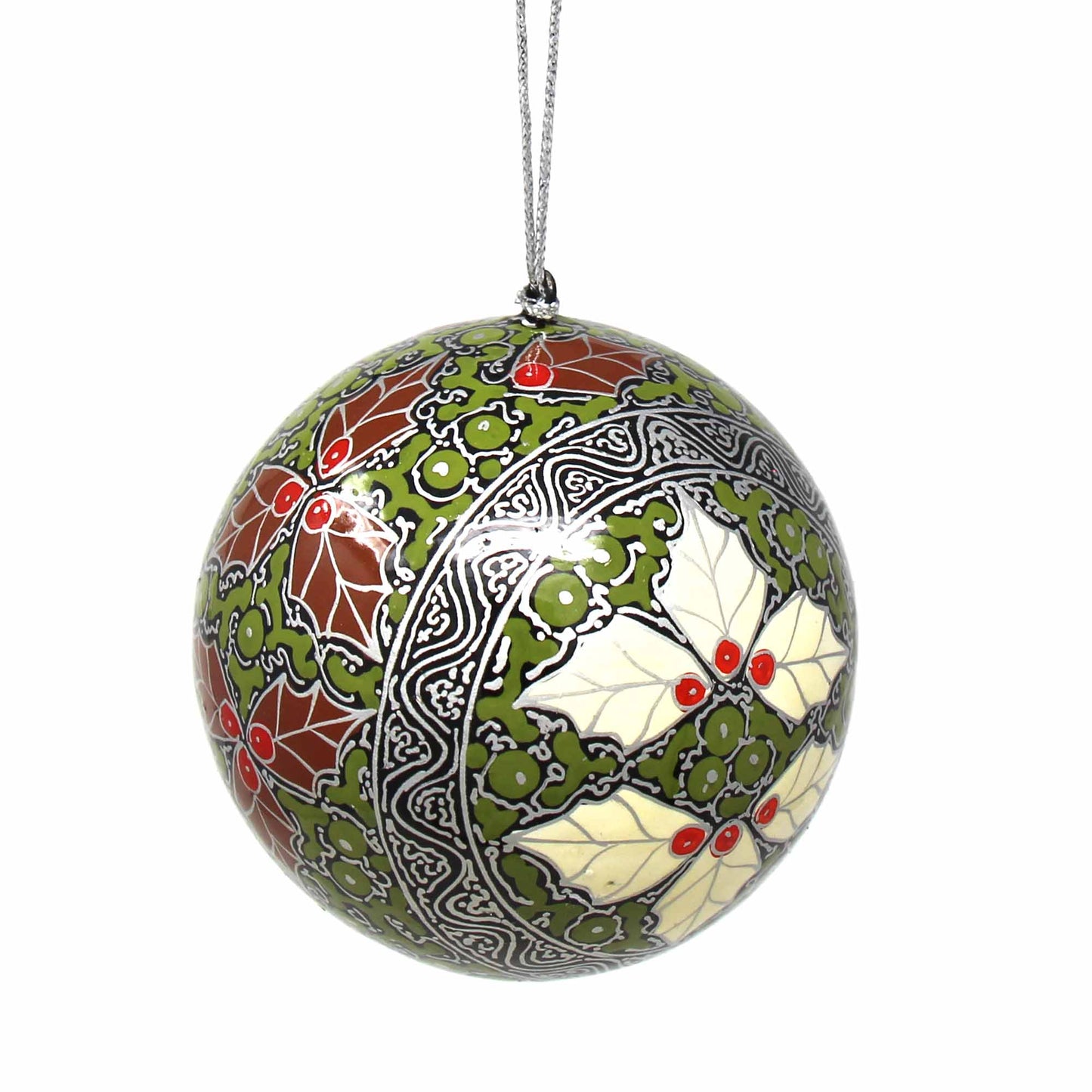 Handpainted Red and Silver Chinar Leaves Papier Mache Hanging Ball Ornament
