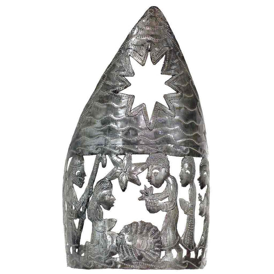 Recycled Steel Drum Tabletop Nativity Scene Candle Holder; 13" x 7", Haiti